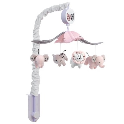 Pink and Gray Felt Musical Baby Crib Mobile with Safari Animals