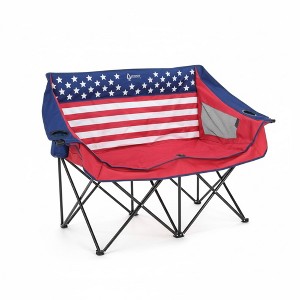 Arrowhead Outdoor Portable Folding Double Duo Camping Chair Loveseat Couch w/ 2 Cup & Wine Glass Holder, Supports up to 500lbs (American Flag) - 1 of 4