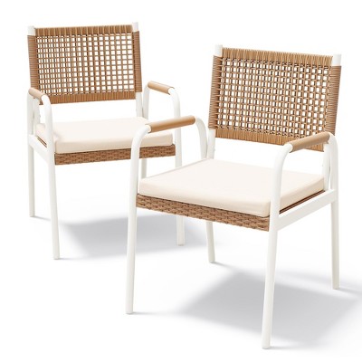 Set of 2 Wicker Patio Chairs ¨C Outdoor Wicker Dining Chairs with Metal ...