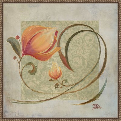 Peach Floral Beaded Bronze Framed Canvas Wall Art