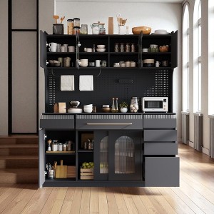 63" Buffet with Hutch, Large Farmhouse Storage Cabinet with 6 Drawers, 5 Cabinets, Adjustable Shelves, Pegboard & Towel Rack - 1 of 4