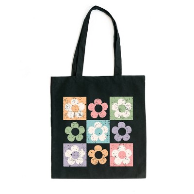 City Creek Prints Checkered Flowers Canvas Tote Bag - 15x16 - Black