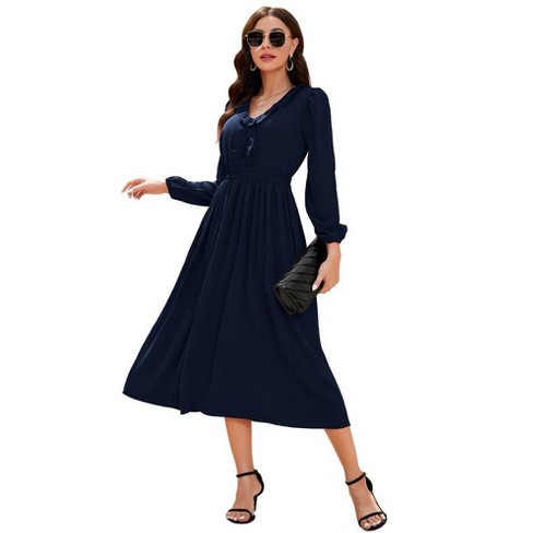 Womens Pleated Party Dress Long Sleeve V Neck Ruffle Elastic Empire ...