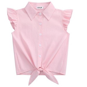 Girls Tie Front Knot Tops with Ruffle Sleeve Plaid Tops Tie Front Blouse Short Sleeve Button Down Shirts for Toddler Girls - 1 of 4