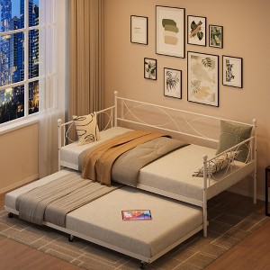 Twin Size Daybed Sofa Bed Frame with Trundle, Heavy Duty Metal Platform Bed with Slats, Lockable Casters, Headboard for Bedroom Living Room - 1 of 4