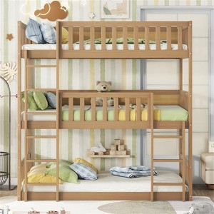 RISOKEYS Twin Size Triple Rubber Wood Bunk Bed - Detachable Triple Twin Bunk Bed with Two Built-in Ladders and Guardrails - 1 of 4
