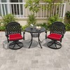 3-Piece Round Cast Aluminum Patio Set with Swivel Chairs,Red Cushions,and Umbrella Hole - 3 of 4