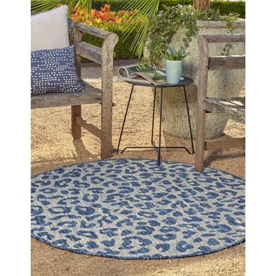Round Blue Synthetic Outdoor Stain-Resistant Area Rug