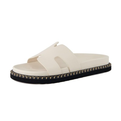 CUSHIONAIRE Crisp Women’s Slide Sandal – Faux Leather Cutout Slip-On with Artisan Stitching & Memory Foam, Wide Widths Available