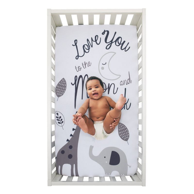 NoJo Love You To The Moon - 100% Cotton Grey and White Elephant and Giraffe Nursery Photo Op Fitted Crib Sheet  "Love You to the Moon and Back", 2 of 4