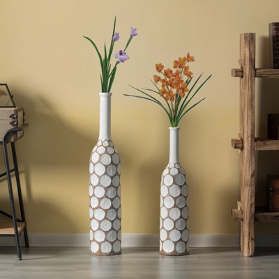 Modern White Carved Divot 39'' Plastic Floor Vase