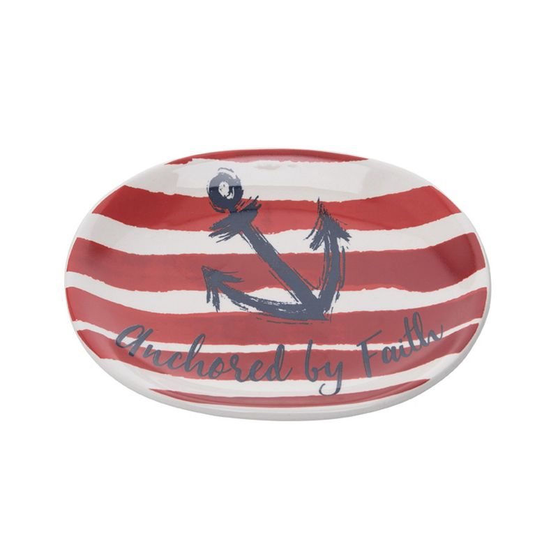 Beachcombers Red White & Blue Stripes Anchored By Faith 4th of July Patriotic Decoration Trinket Dish, 1 of 4