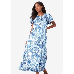 Dreams & Co. Women's Plus Size Long Floral Print Cotton Gown - 1 of 4