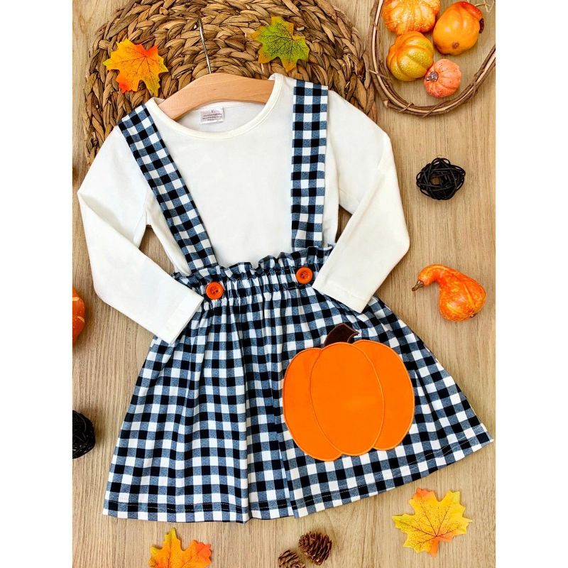 Girls Mommy's Little Pumpkin Plaid Overall Skirt Set - Mia Belle Girls, 4 of 5