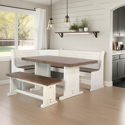 Royal Hampton 4pc Corner Breakfast Nook Set | Farmhouse Dining Table with 3 Benches