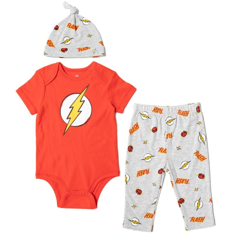 DC Comics Justice League Superman Flash Baby Pants Bodysuit and Hat 3 Piece Outfit Set Newborn to Infant, 1 of 8