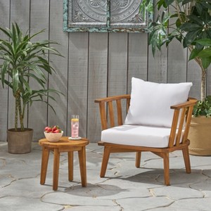 GDFStudio Lorie Outdoor Acacia Wood Club Chair and Side Table Set with Cushions, Teak/White - 1 of 4