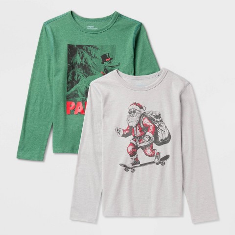 Cat & Jack Kids' 2pk Adaptive Long Sleeve Christmas 'Dino Party/Santa Skate' Graphic T-Shirt - Cat & Jack™ Pine Green/Heather Gray XL