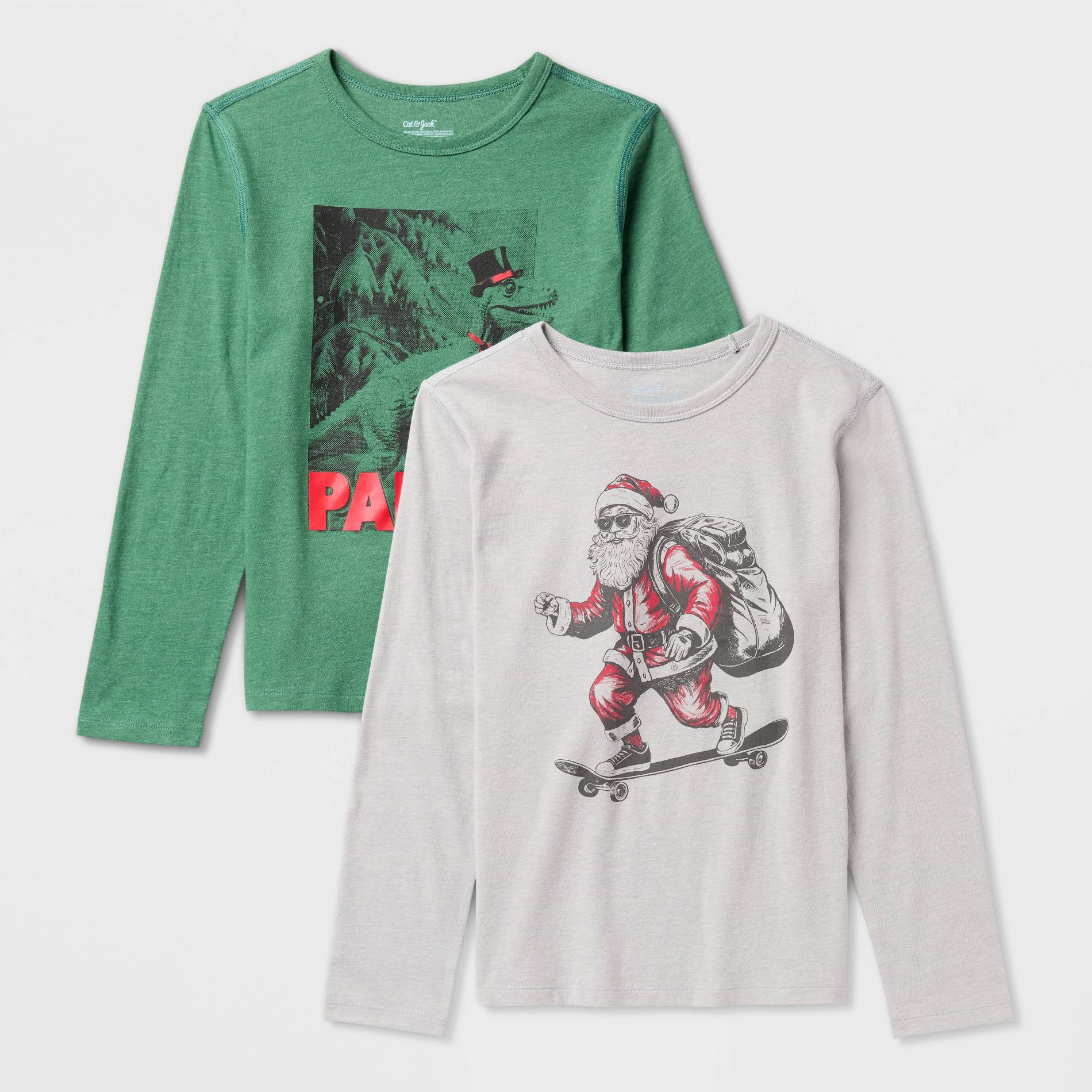 Kids' 2pk Adaptive Long Sleeve Christmas 'Dino Party/Santa Skate' Graphic T-Shirt - Cat & Jack™ Pine Green/Heather Gray XL