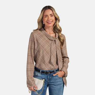 Women's Chic Glen Plaid Ascot Tie Blouse - Cupshe