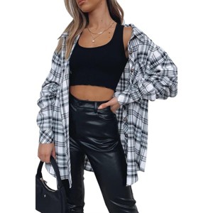 Coolmee Womens Buffalo Plaid Shirt Long Sleeve Collar Button Down Blouses Tops Coats S Khaki - 1 of 4