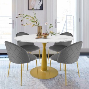 Harris+Nano 5-Piece Round-Shaped Dining Table Set With 4 Tufted Velvet Upholstered Chairs Gold Legs -Maison Boucle - 1 of 4