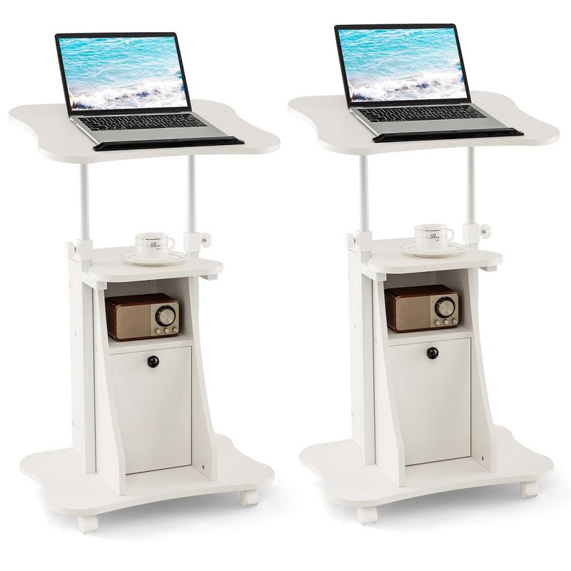 Costway 2 PCS Mobile Podium Stand Office Laptop Cart with Storage Adjustable Height White/Black, 1 of 10