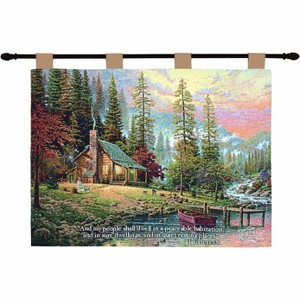 Manual Woodworkers and Weavers A Peaceful Retreat Wall Hanging with Verse and Finial Rod, 36x26 Inches, Woven Nature Tapestry with Cabin Scene - 1 of 3