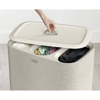 Beige Steel Laundry Sorter with Lid and Handles