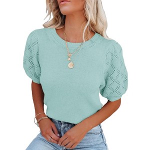 Women's Lightweight Short Sleeve Crewneck Sweaters Knit Pullover Tops with Casual Crochet Sleeve Blouse,Mint Blue - XL - 1 of 3