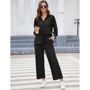 Women's Summer Casual Two-Piece Set with Wide Leg Pants and Button Down Shirt - 1 of 4