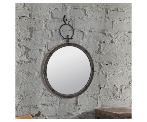 Round Wall Mirror with Ring & Rivet Trim Dark Gray Metal