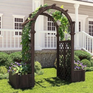 Wood Garden Arbor with Planter Boxes and Swing - Outdoor Arch Trellis with Pergola for Climbing Plants Vines Grapes - Backyard Decor, Party, Wedding - 1 of 4