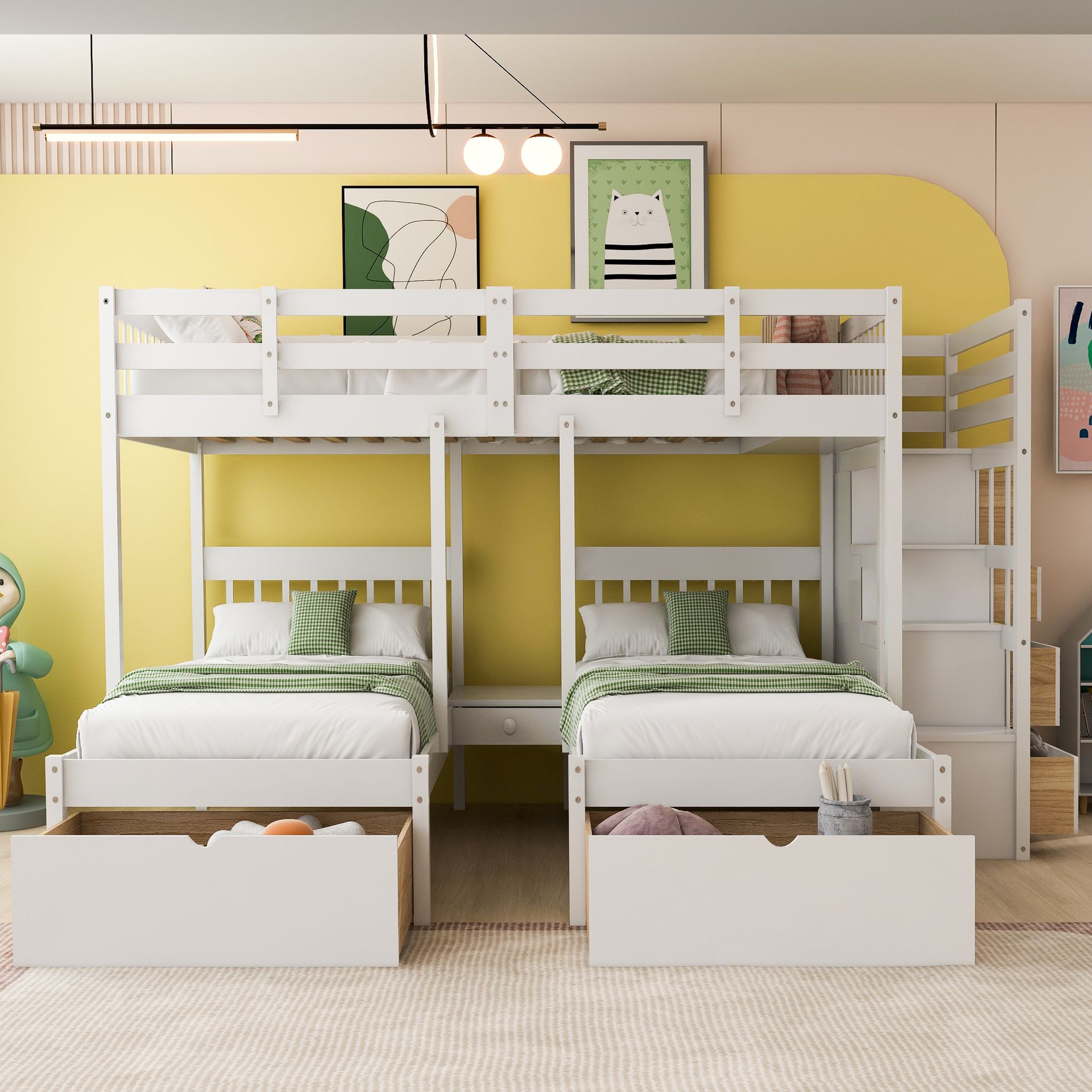Whisen Full Over Twin & Twin Bunk Bed, Wood Triple Bunk Bed with Drawers and Guardrails - White