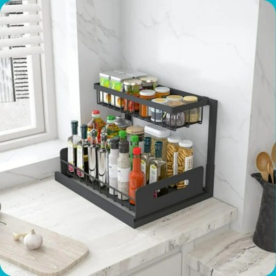 MaseiKar 2-Tier Pull Out Organizer with Slide Shelves, Under Sink Cabinet Storage for Kitchen/Bathroom, Heavy-Duty Black