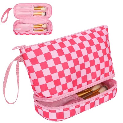 Paaaawaters Stripe Makeup Brush Organizer Bag Travel Make up Bags for Women Double Layer Makeup Pouch for Girls/Women
