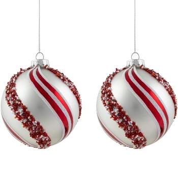 Northlight Set of 2 Silver with Red Glitter and Beads Striped Glass Christmas Ball Ornaments 4"