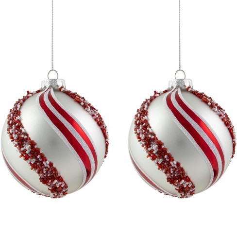 Northlight Set of 2 Silver with Red Glitter and Beads Striped Glass Christmas Ball Ornaments 4