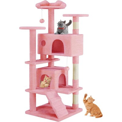 Aukfa 54-Inch Cat Tree Tower with Scratching Posts, Double Condos & Dangling Toys - Beige Pet Playhouse for Kittens and Cats, Pink