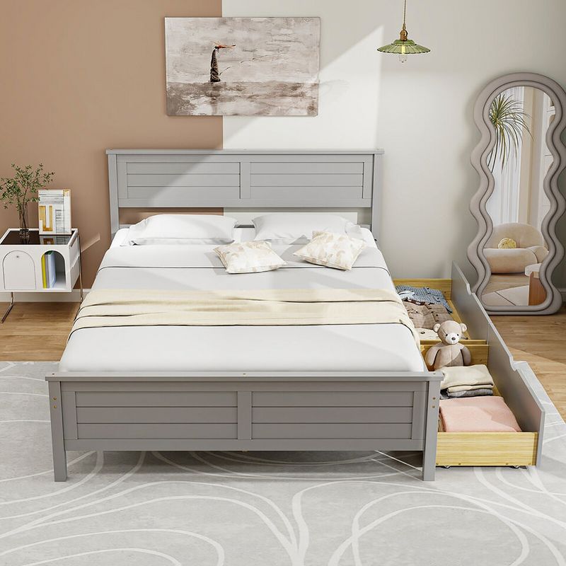 Tangkula Twin/Full Size Wooden Bed Frame w/ 2 Storage Drawers & Under-bed Storage Gray, 3 of 11