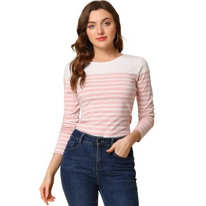 INSPIRE CHIC Women's Color Block Round Neck Long Sleeves Striped Basic T-Shirt - 1 of 4