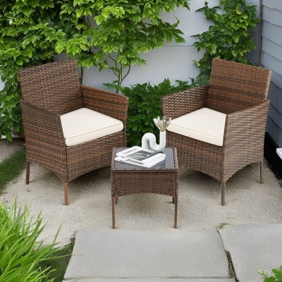 FURNIinspire Patio Dining Sets Patio Furniture Set 3 Pieces, Glass Table, Weaving Rattan Patio Chairs for Porch, Lawns, Brown, 23"*22"*31.4"