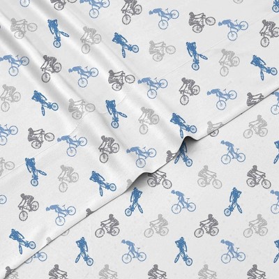 Tadpoles 4-Piece BMX Bikers Sheet Set | 1 Full Flat Sheet, 1 Full Fitted Sheet & 2 Queen Pillowcases | Grey
