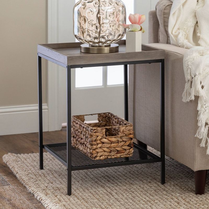 Rosalyn Urban Industrial Glam Square Tray Side Table with Metal Mesh Shelf Gray Wash - Saracina Home, 3 of 8