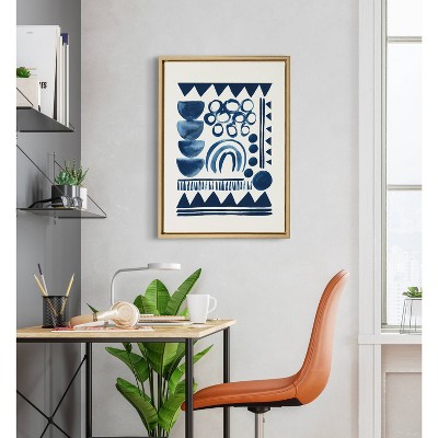 Indigo Abstract Blue and White Canvas Art with Gold Frame