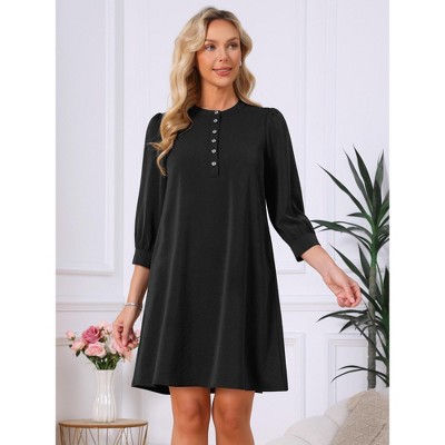 Женские платья INSPIRE CHIC Women's 3/4 Puff Sleeve Mini Dress Button Crewneck Elegant Casual Business Shift Dresses Medium Black — фото 3