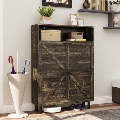RISOKEYS Farmhouse Shoe Organizer with 2 Flip Drawers,Freestanding Slim Narrow Shoe Rack Cabinet with Open Storage for Entryway,Foyer,Hallway