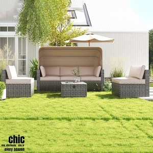 Jojoka 6PC Patio Furniture Set with Adjustable Canopy & Backrest, Rattan Outdoor Sectional Conversation Sofa for Yard Garden Deck - 1 of 4