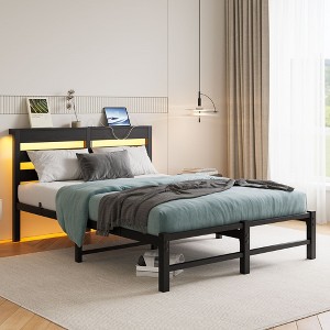 CAVINAS Twin Bed Frames, Heavy Duty Twin Size Bed Frames with USB Charging Station, Modern Twin Bed with Headboard for Bedroom - 1 of 4