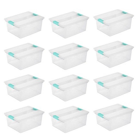 Sterilite 30 qt Clear Plastic Stackable Storage Bin w/ Grey Latch Lid, 12 Pack